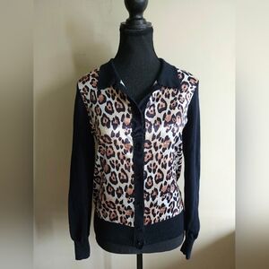 Designer Pink Tartan Womens Black Cheetah Satin Cardigan Button Up Blouse Top